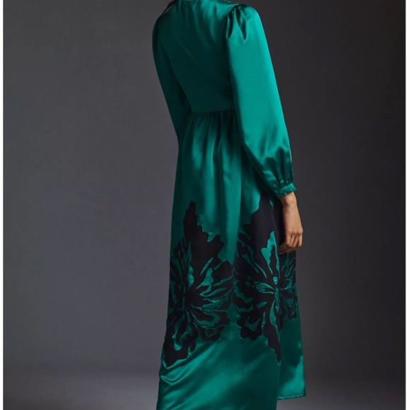 ANTHROPOLOGIE 1X NWT NIKASHA  EMBROIDERED SATIN DRESS GREEN MAXI - Picture 6 of 8